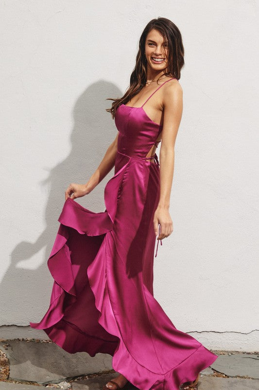 fitted lace wedding dress Sexy Satin Ruched High Split Open Back Maxi Dress – Identity Boutique