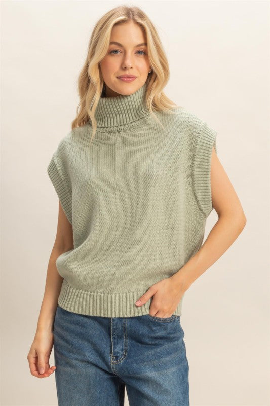 The Willow Pullover Turtleneck Cap Sleeve Sweater in Sage