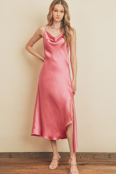 Asymmetrical Hem Slit Midi Dress in Blush