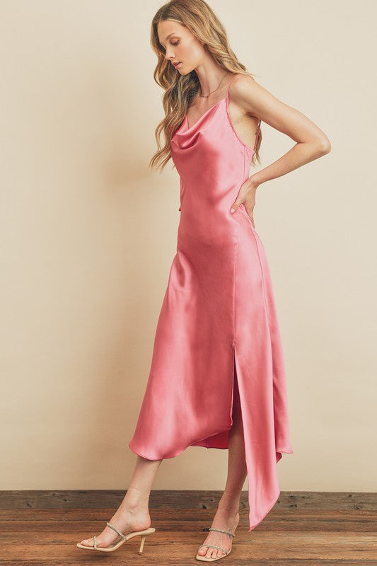 Asymmetrical Hem Slit Midi Dress in Blush