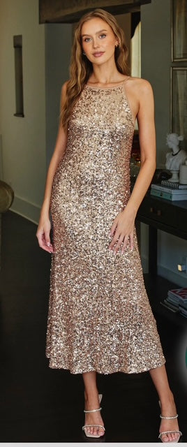 Champagne Sequin Open Back Dress