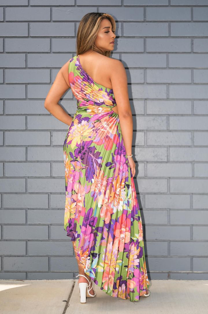 Olympia Asymmetrical Pleated Maxi Joyful Jubilee Dress