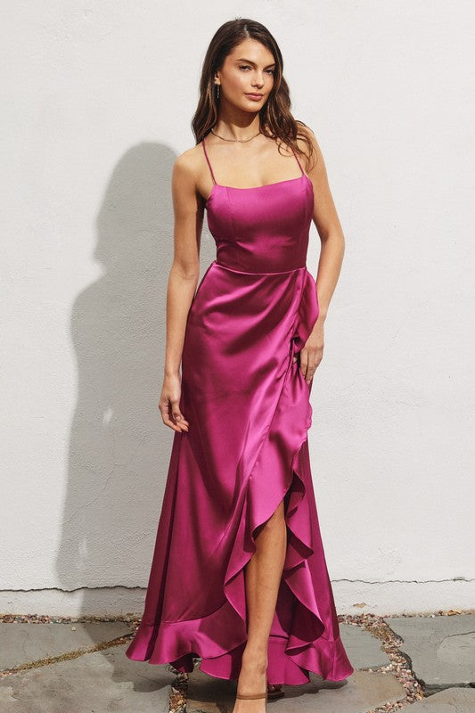Sexy Satin Ruched High Split Open Back Maxi Dress* – Identity Boutique