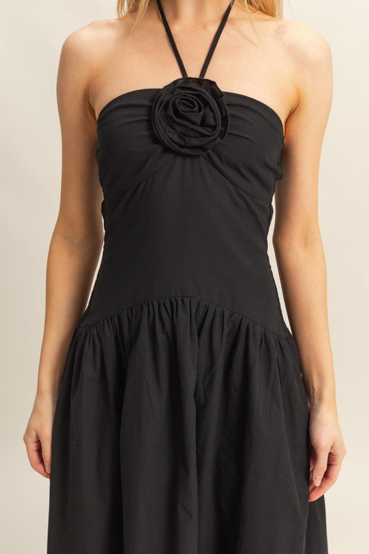 rosette halter midi dress Poplin Rosette Halter Neck Midi Dress* – Identity Boutique