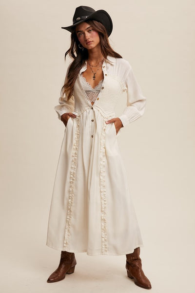 The Smocked Bodice Button Down Maxi Dress -Aly