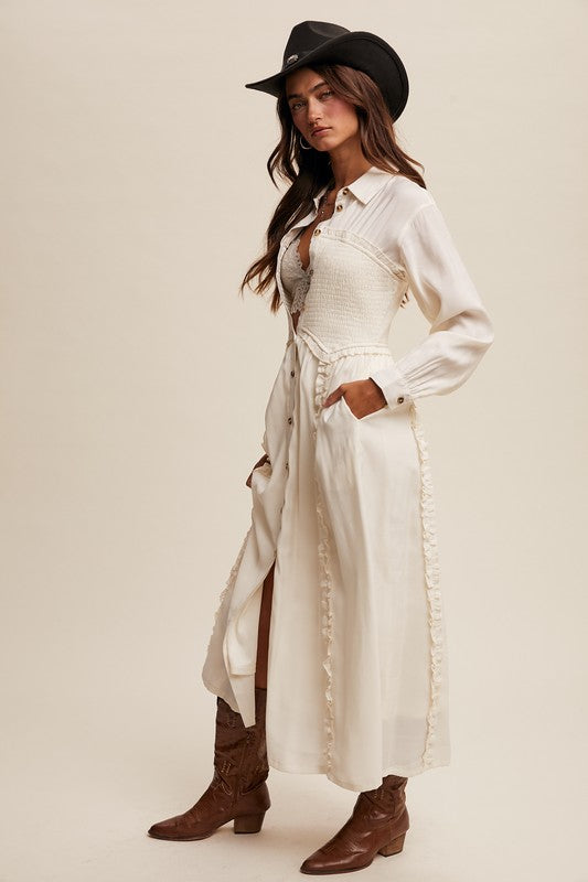 The Smocked Bodice Button Down Maxi Dress -Aly