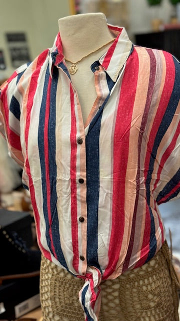 Women's Short Sleeve Striped Button Down Top